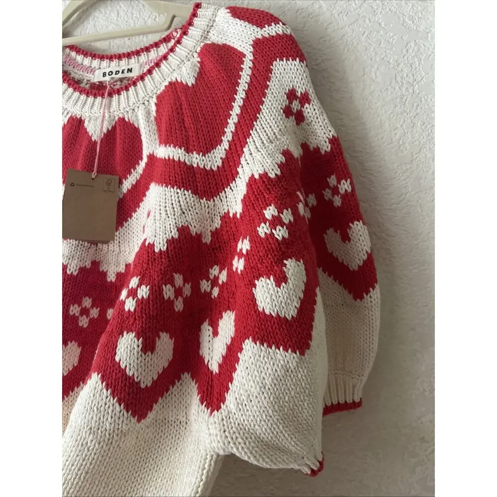 BODEN Margot Puff Sleeve T-shirt Warm Ivory / Red Hearts NWT $150